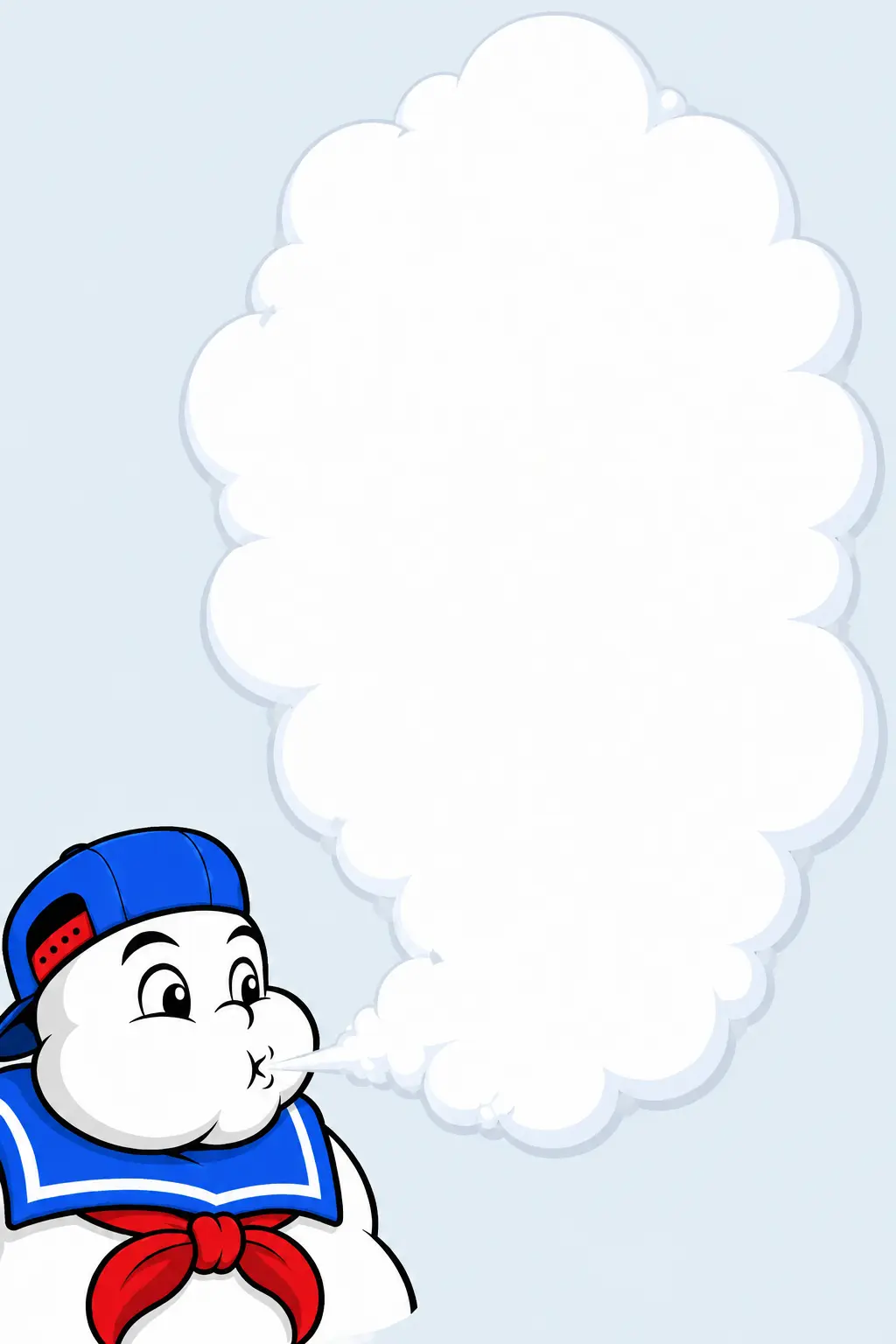 Stay Puft mascot blowing an About Us smoke cloud