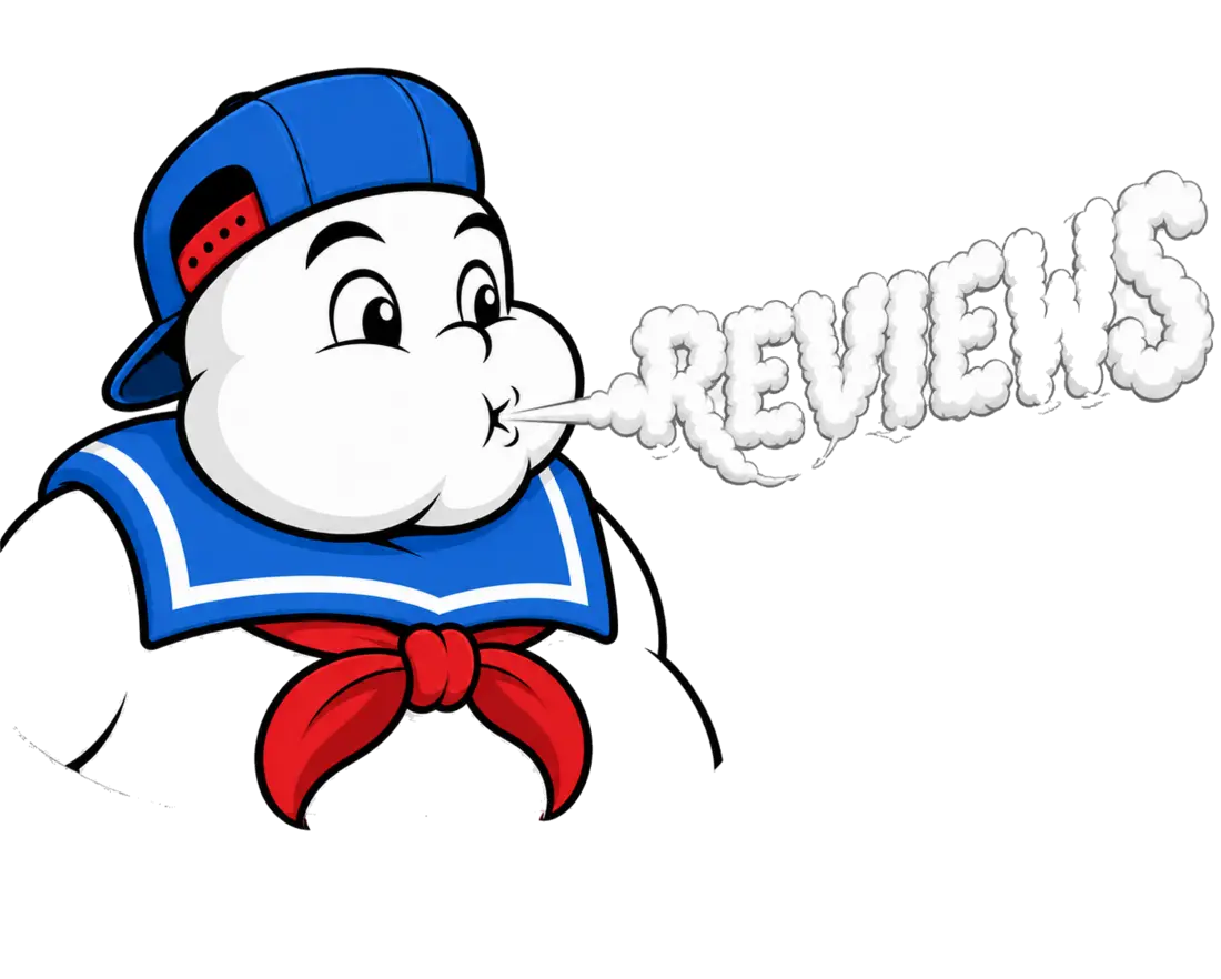 Stay Puft mascot blowing the word Reviews formed from smoke